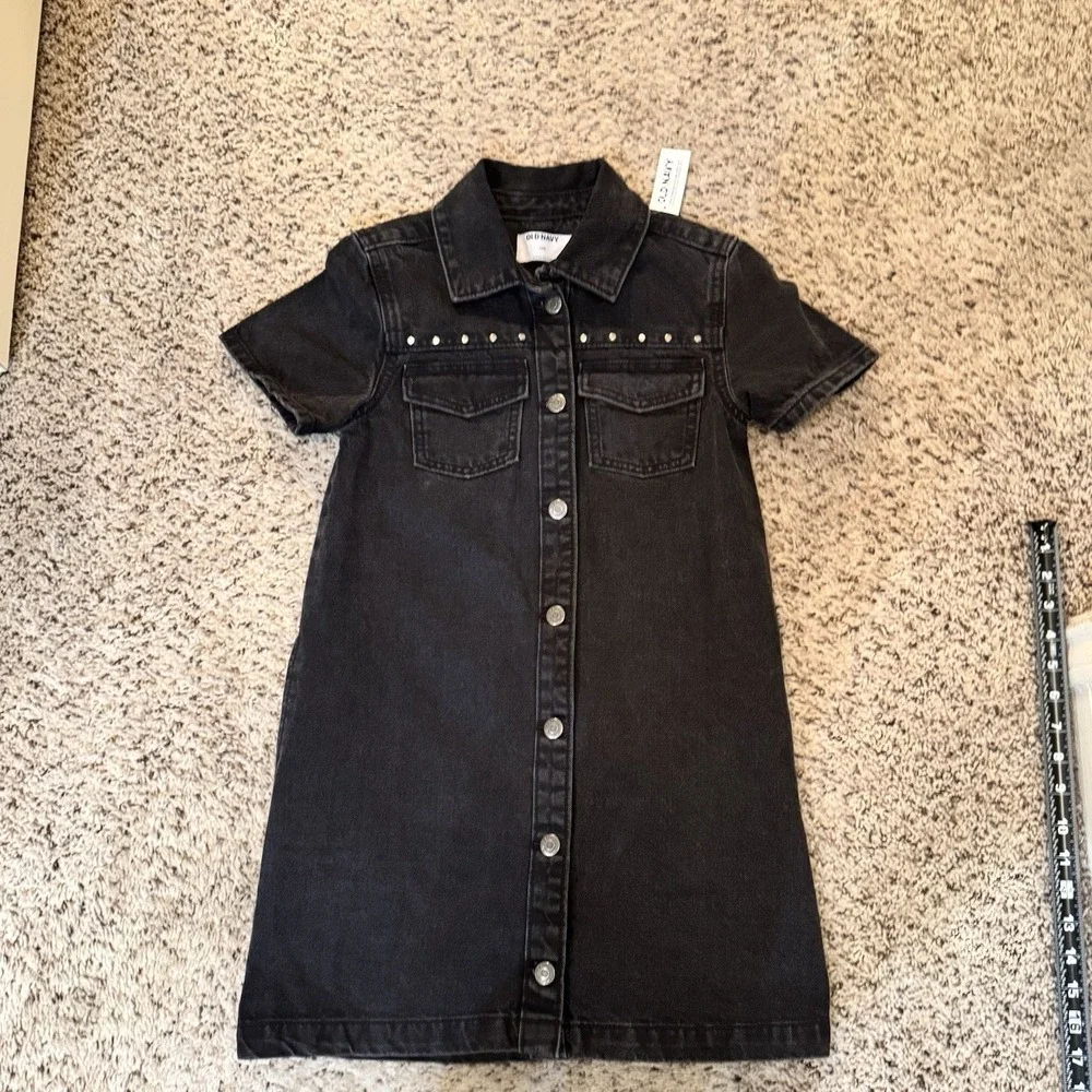 Old Navy Studded Black Denim Button Up‎ Dress Girls 10 NEW